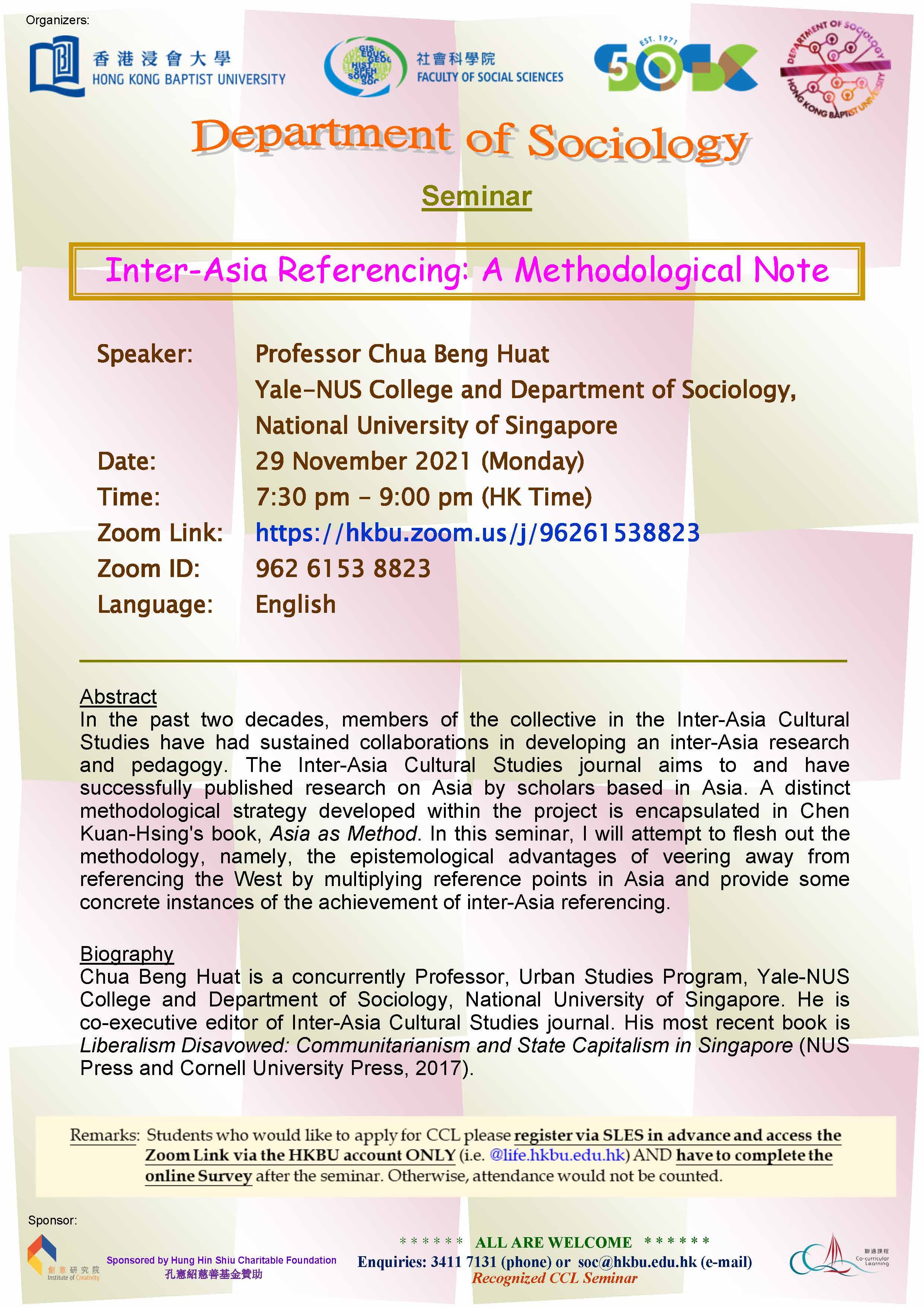 Poster of Seminar - Inter-Asia Referencing: A Methodological Note