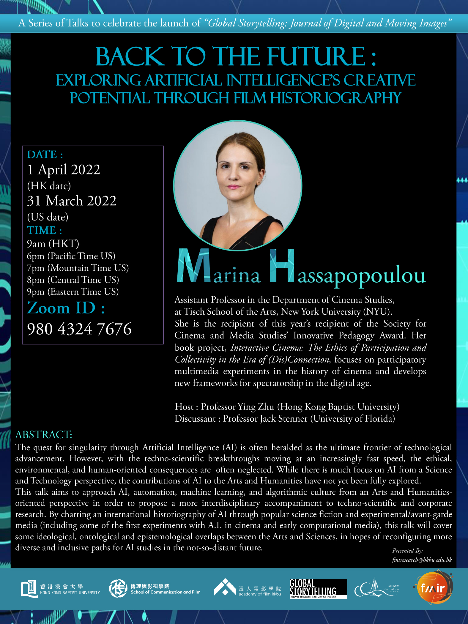 Poster of A Series of Talks to celebrate the launch of “Global Storytelling: Journal of Digital and Moving Images: Back to the Future :  Exploring Artificial Intelligence’s Creative Potential through Film Historiography
