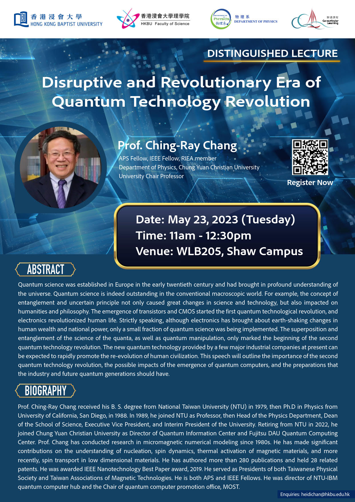 Poster of Distinguished Lecture: Disruptive and Revolutionary Era of Quantum Technology Revolution