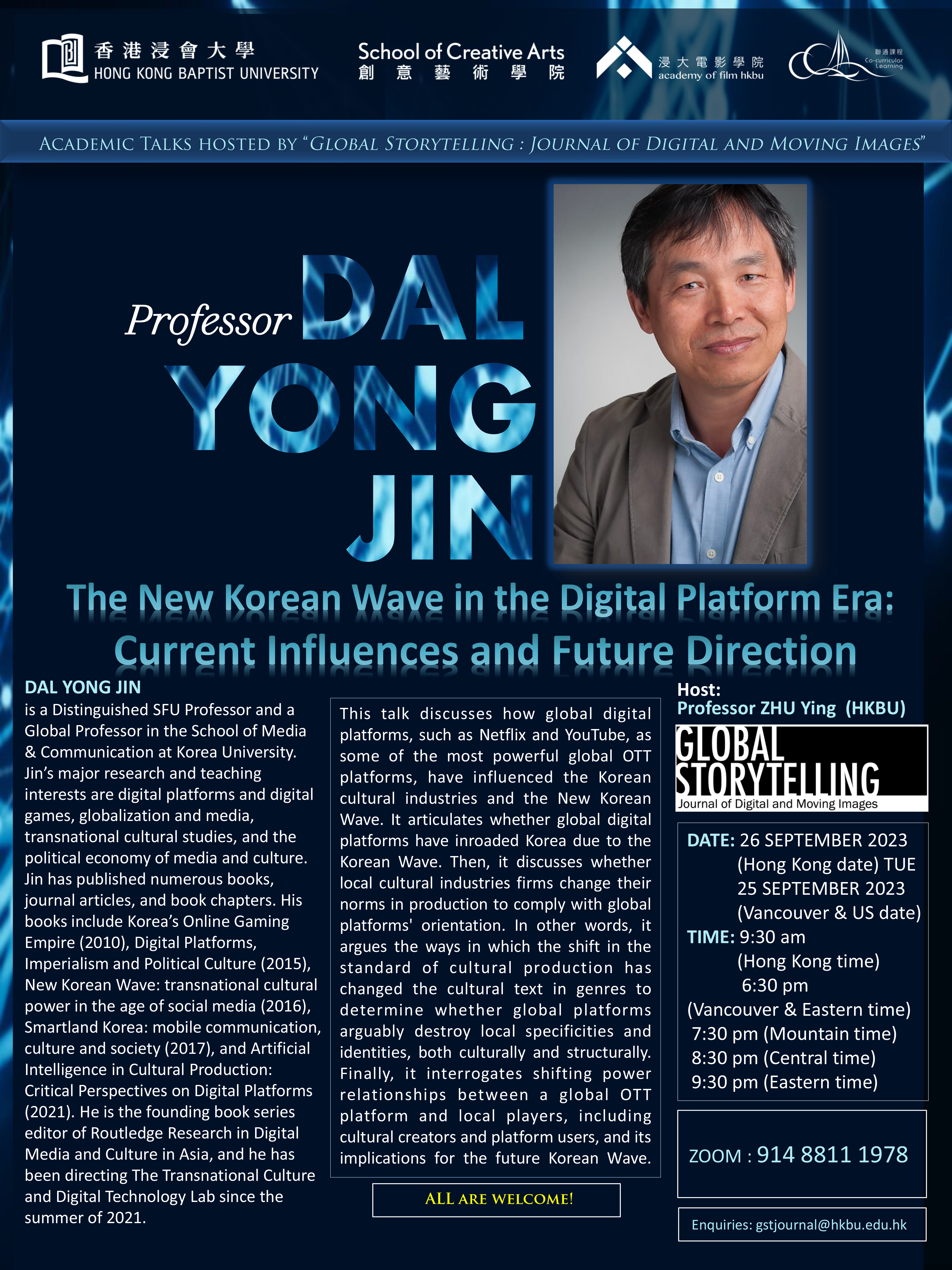 Poster of Academic Talks hosted by “Global Storytelling : Journal of Digital and Moving Images” - The New Korean Wave in the Digital Platform Era:  Current Influences and Future Direction